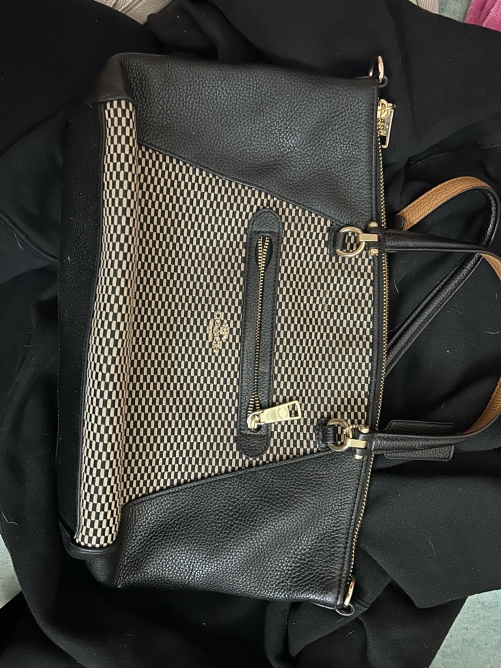 Coach Black and Beige Patterned Tote with Gold Hardware